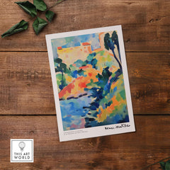 Matisse Art Prints - Abstract Coastal Landscape Poster displayed on wooden surface with vibrant colors and textured strokes.