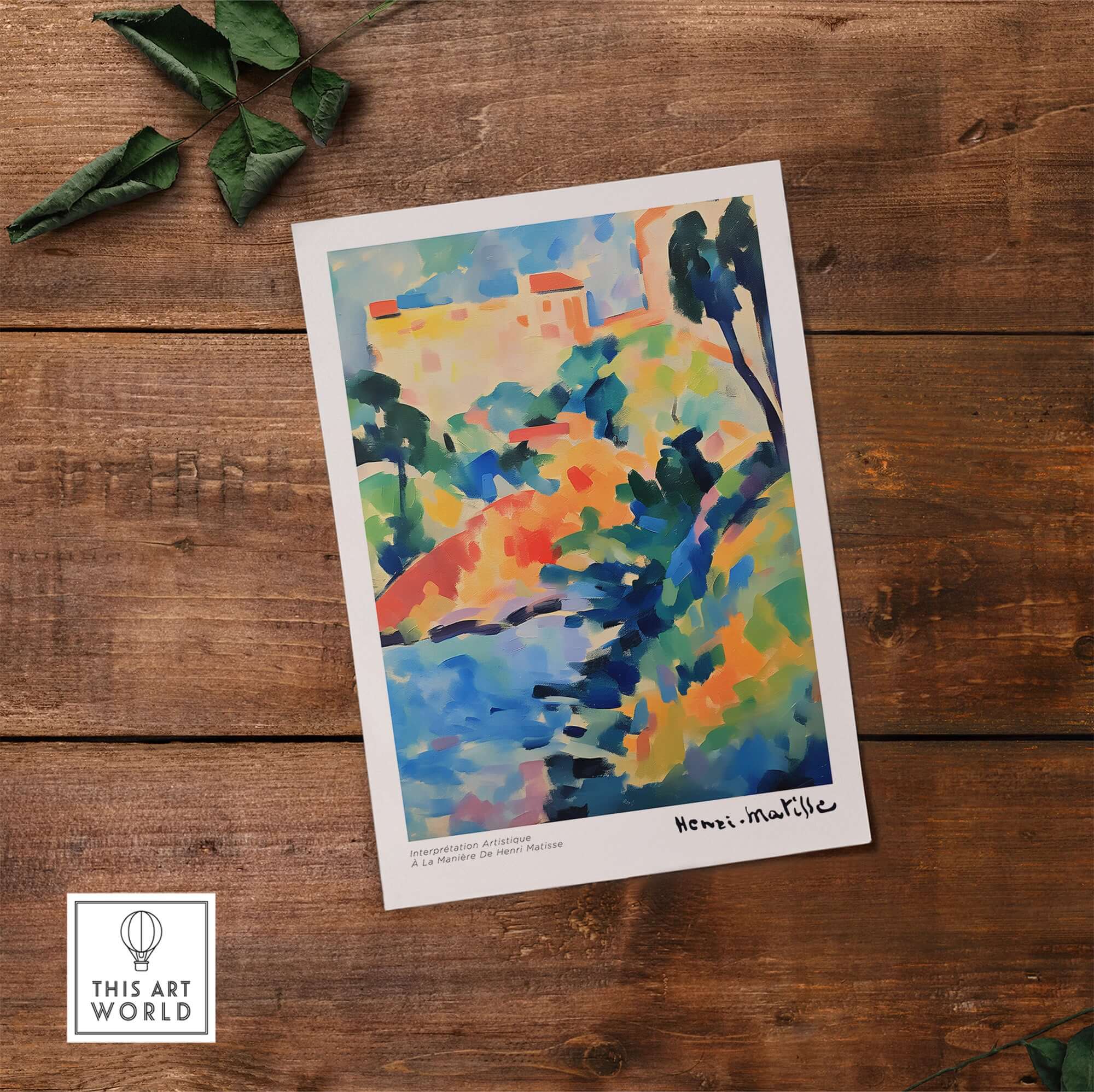 Matisse Art Prints - Abstract Coastal Landscape Poster displayed on wooden surface with vibrant colors and textured strokes.