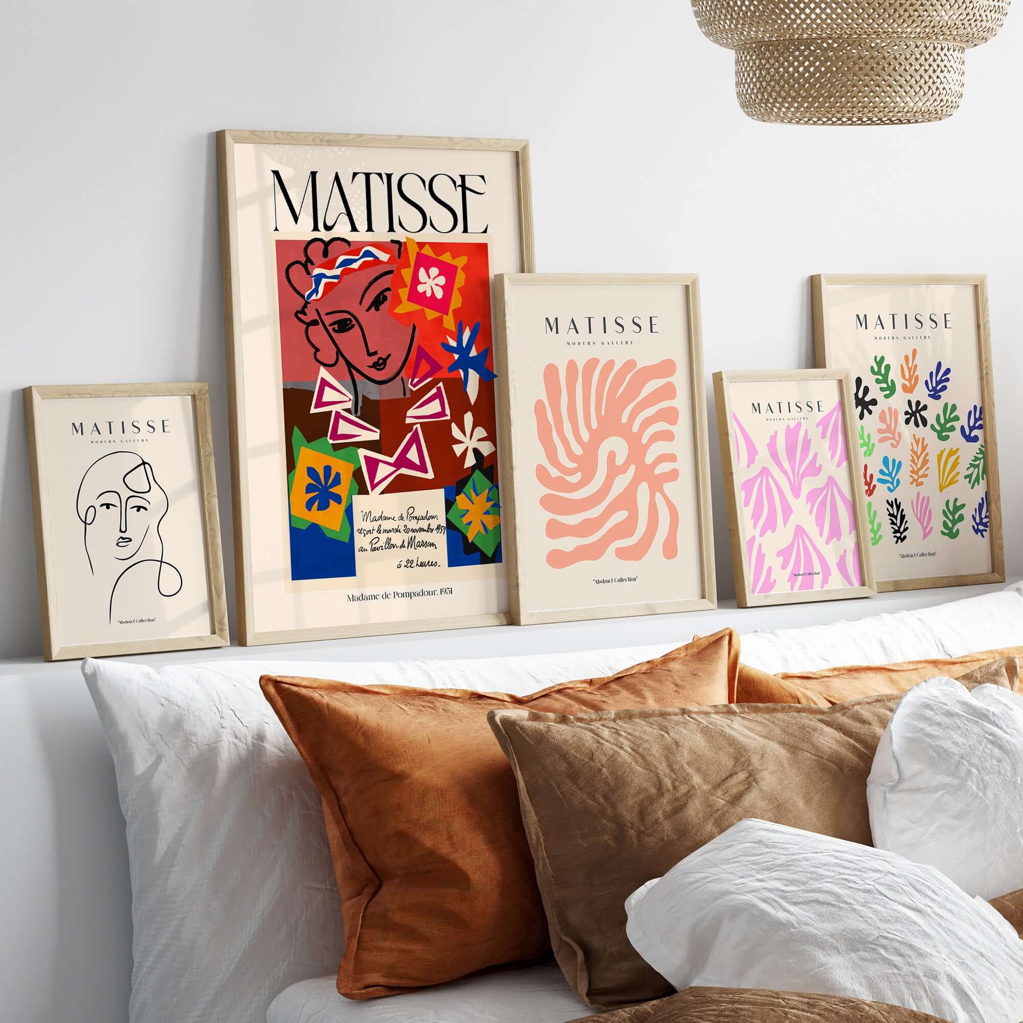 Matisse Art Print Madame de Pompadour 1951 Abstract Collage Poster displayed on wall with decorative pillows.