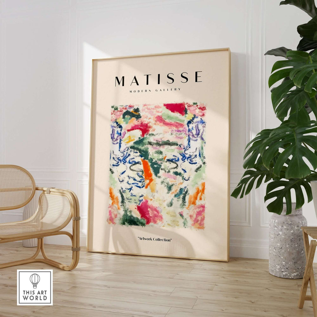 Matisse art print featuring colorful abstract swirls displayed in a modern gallery setting.