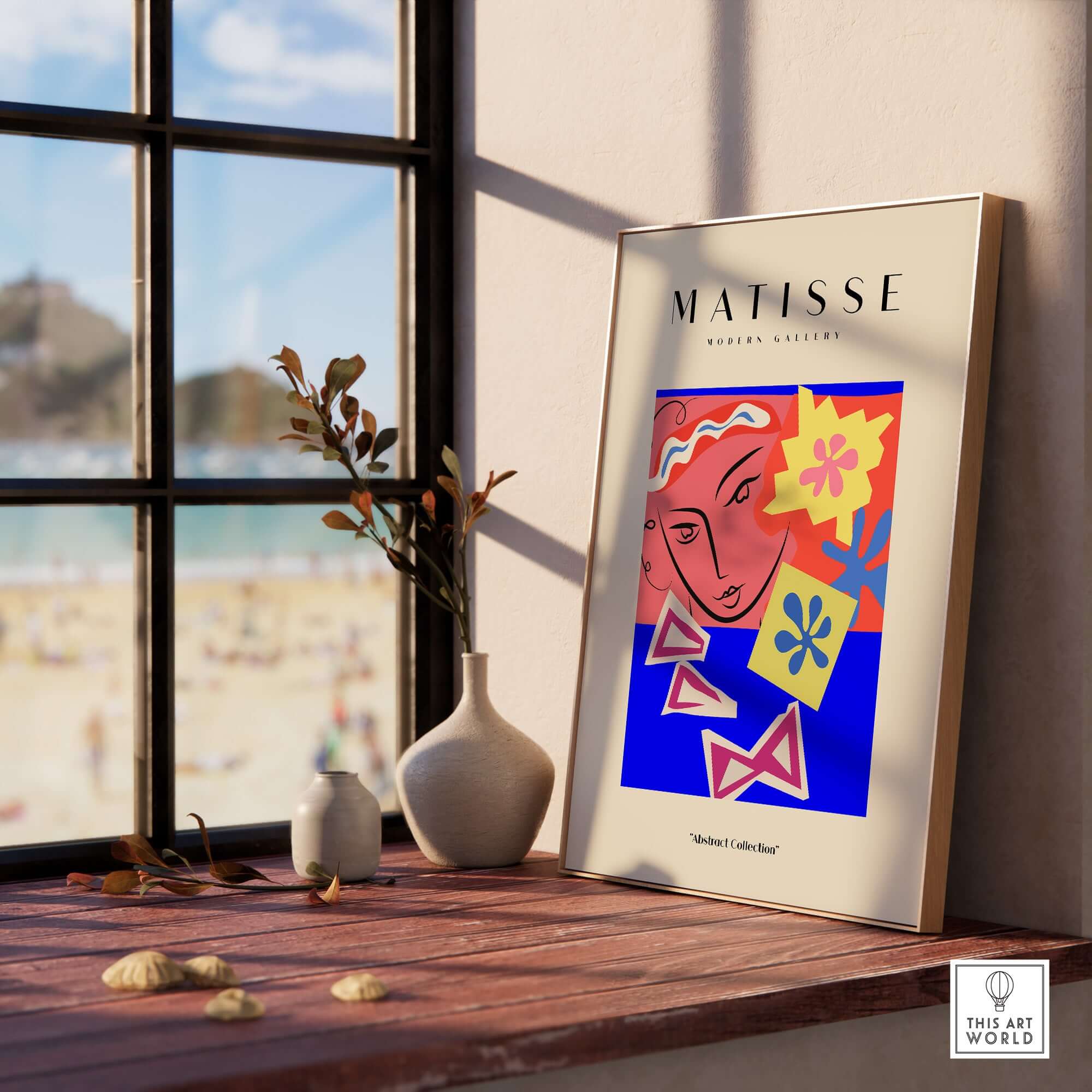 Matisse Art Prints - Abstract Face with Flowers Collage Wall Art displayed on a wooden shelf near a window.