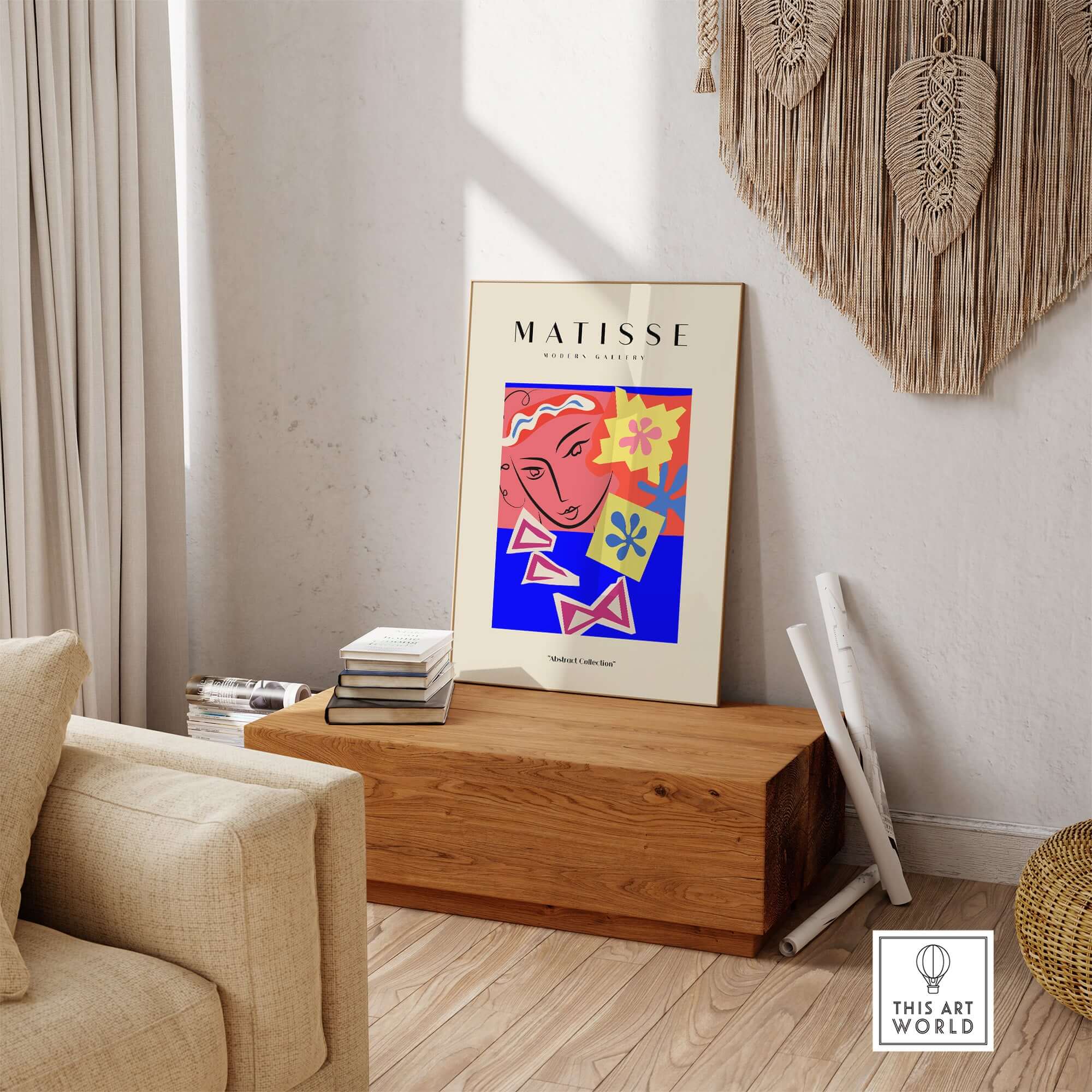 Matisse Art Prints - Abstract Face with Flowers Collage Wall Art displayed in a stylish interior setting.