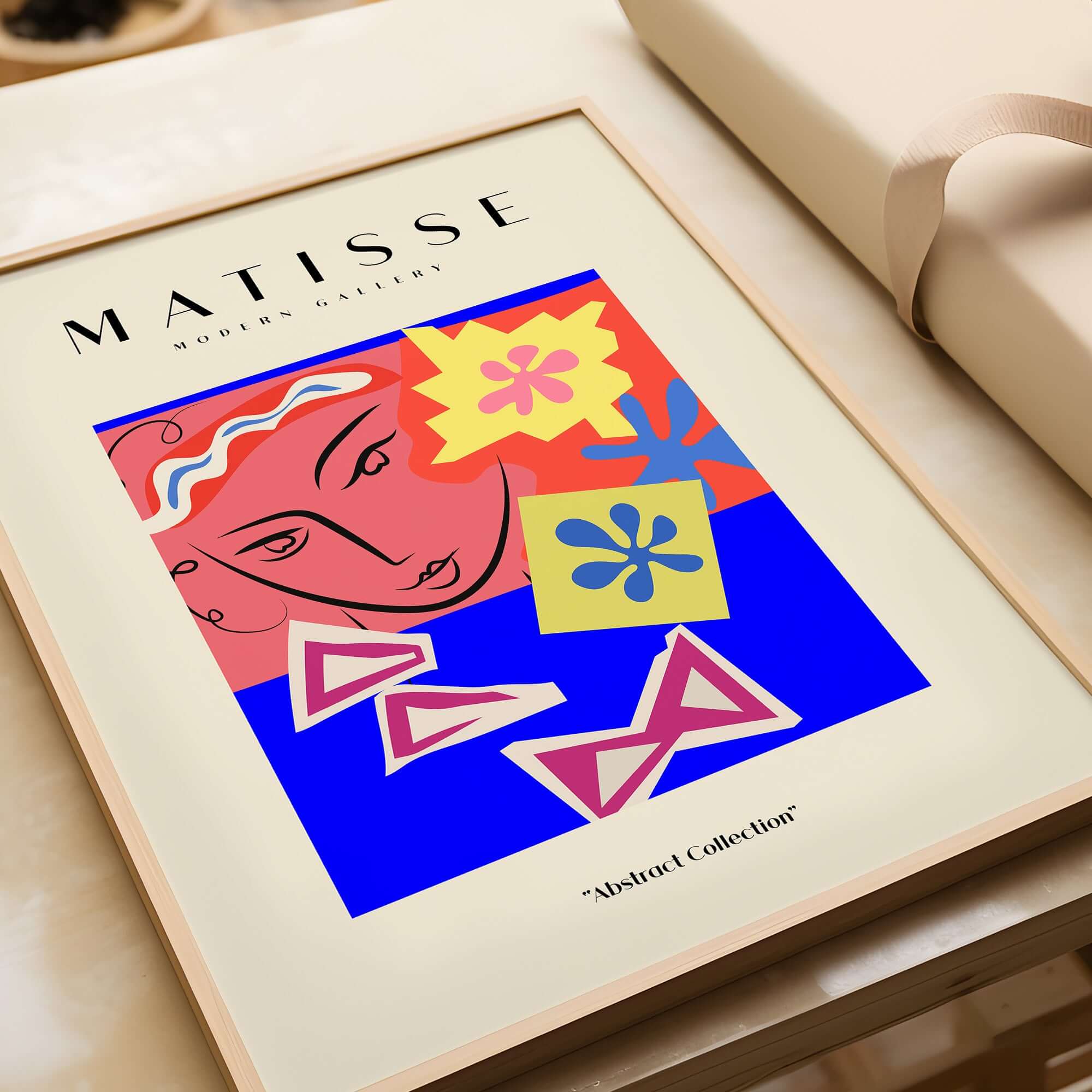 Matisse Art Prints - Abstract Face with Flowers Collage Wall Art featuring a colorful abstract design and line-drawn face.