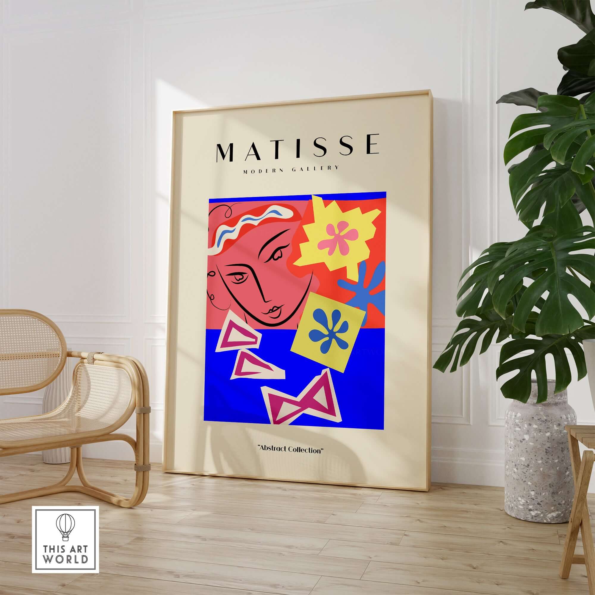 Matisse Art Prints - Abstract Face with Flowers Collage Wall Art displayed in a stylish interior setting.