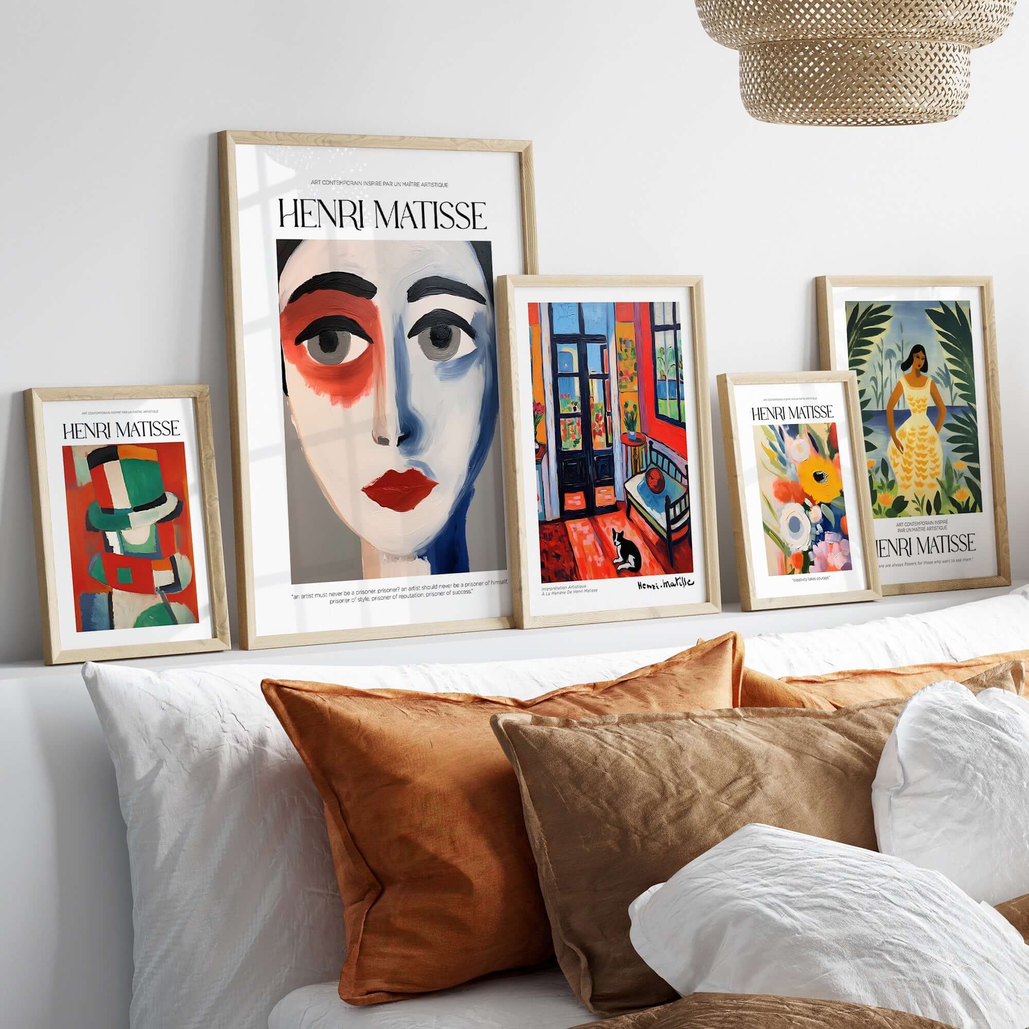 Matisse Art Prints - Abstract Face Portrait Poster displayed with various Henri Matisse art prints on a stylish shelf.