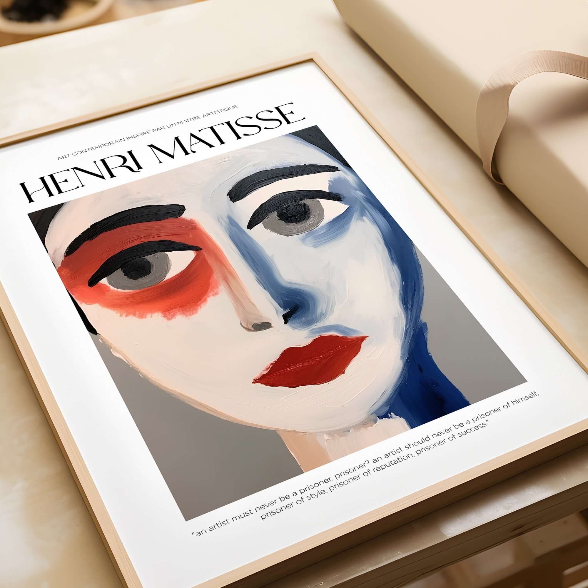 Matisse Art Prints - Abstract Face Portrait Poster featuring a bold, colorful abstract face design with striking red lips.