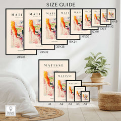 Matisse Art Prints - Abstract Fauvist Poster size guide with various frame options displayed on a living room wall.