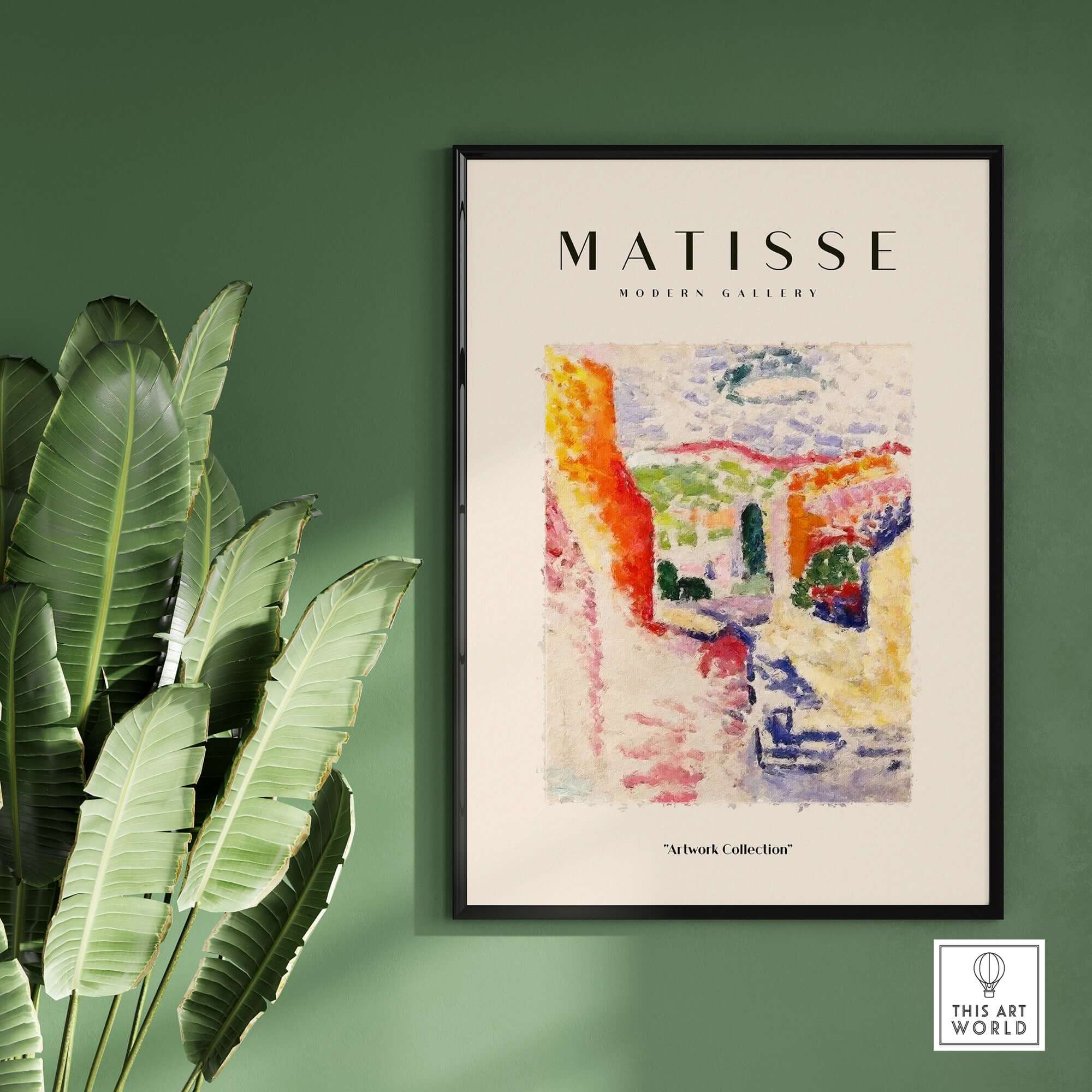 Matisse Art Prints - Abstract Fauvist Poster displayed in a modern gallery setting with greenery.