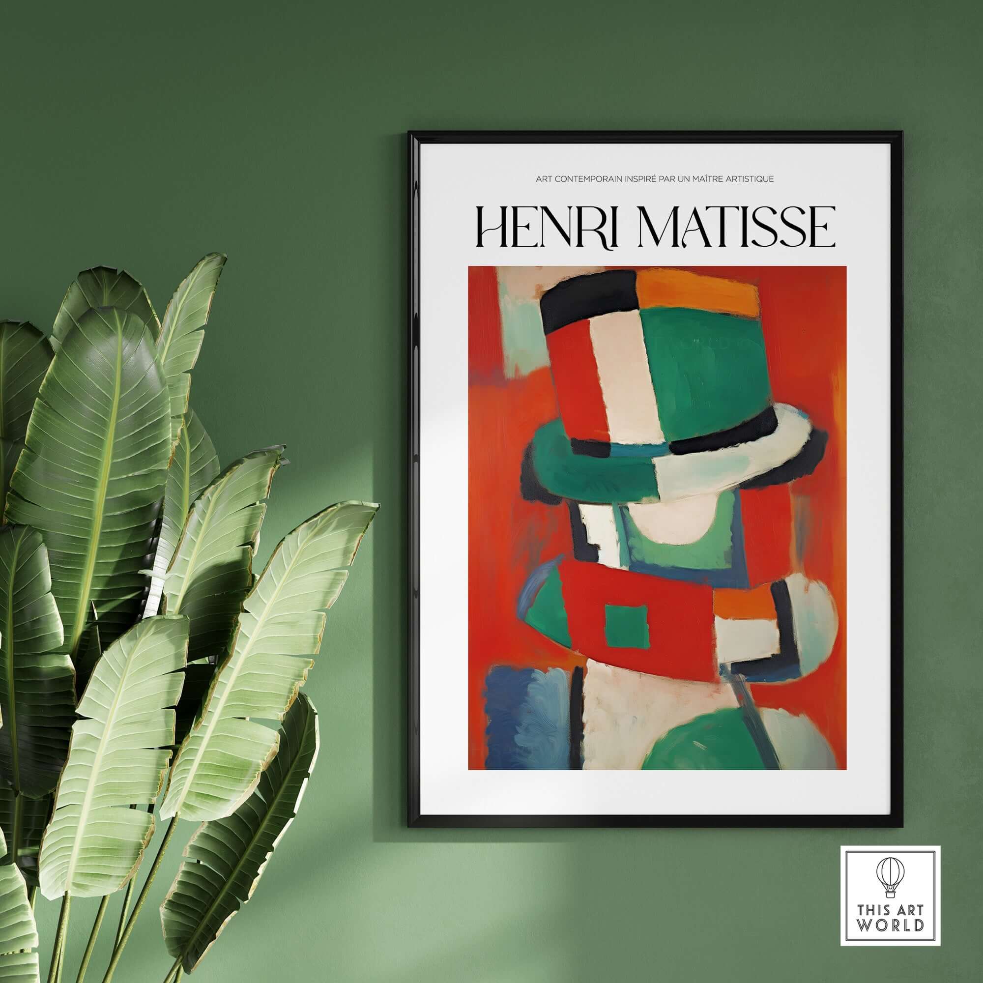 Matisse Art Prints - Abstract Figure with Hat Poster, vibrant artwork in green, red, and white, framed and displayed on a green wall.