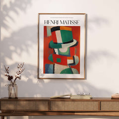 Matisse Art Prints - Abstract Figure with Hat Poster displayed on a wall, showcasing vibrant colors and geometric shapes.