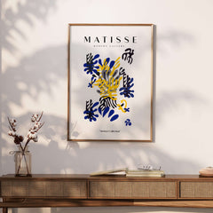 Matisse Art Prints -  Abstract Floral Blue Yellow Black Poster displayed in a stylish frame on a modern wall.