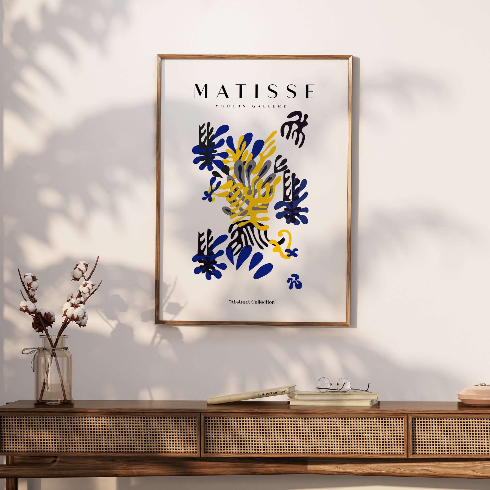 Matisse Art Prints -  Abstract Floral Blue Yellow Black Poster displayed in a stylish frame on a modern wall.