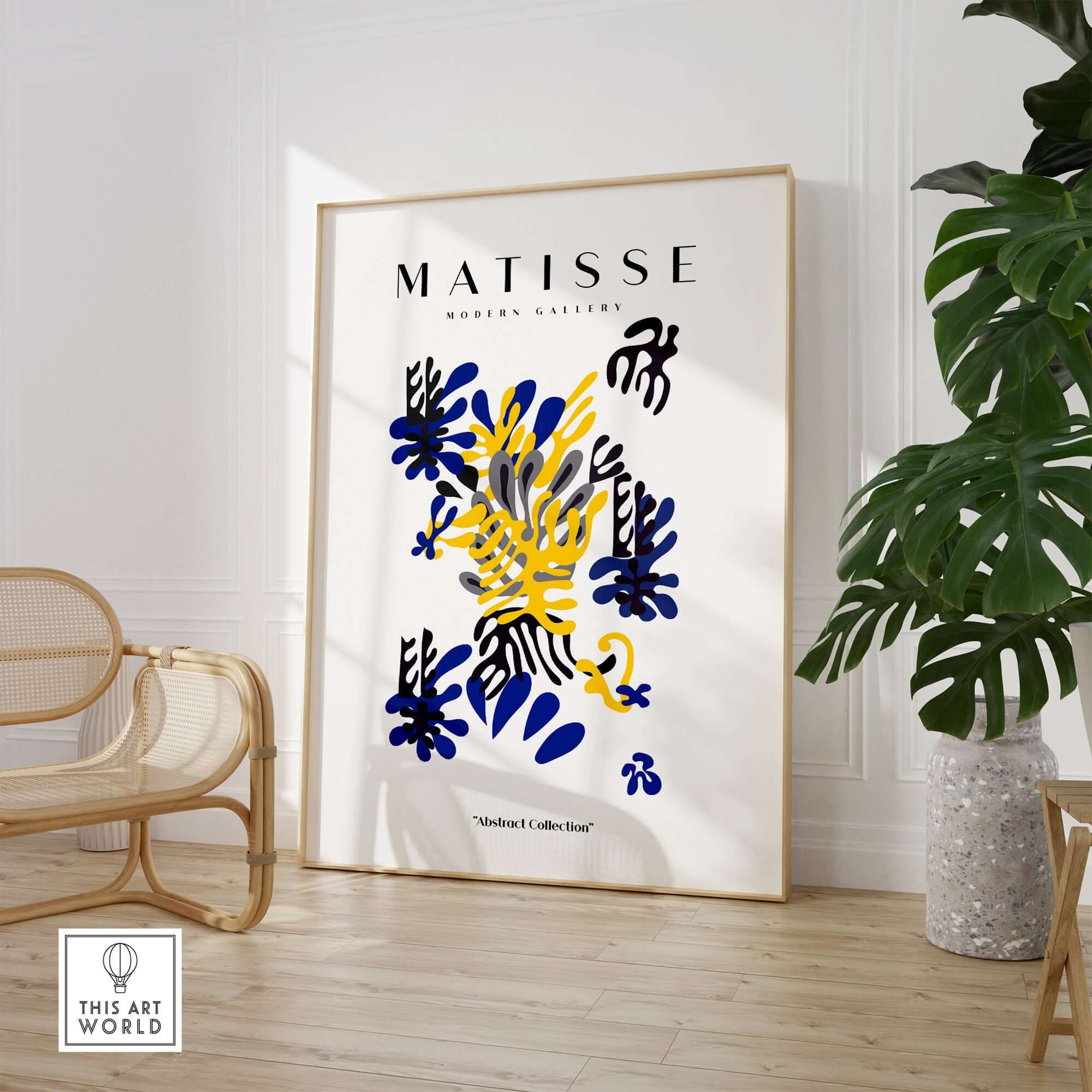 Matisse Art Prints - Abstract Floral Blue Yellow Black Poster displayed in a stylish modern gallery setting.