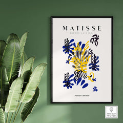 Matisse Art Prints - Abstract Floral Blue Yellow Black Poster featuring bold brushstrokes and floral shapes on white.