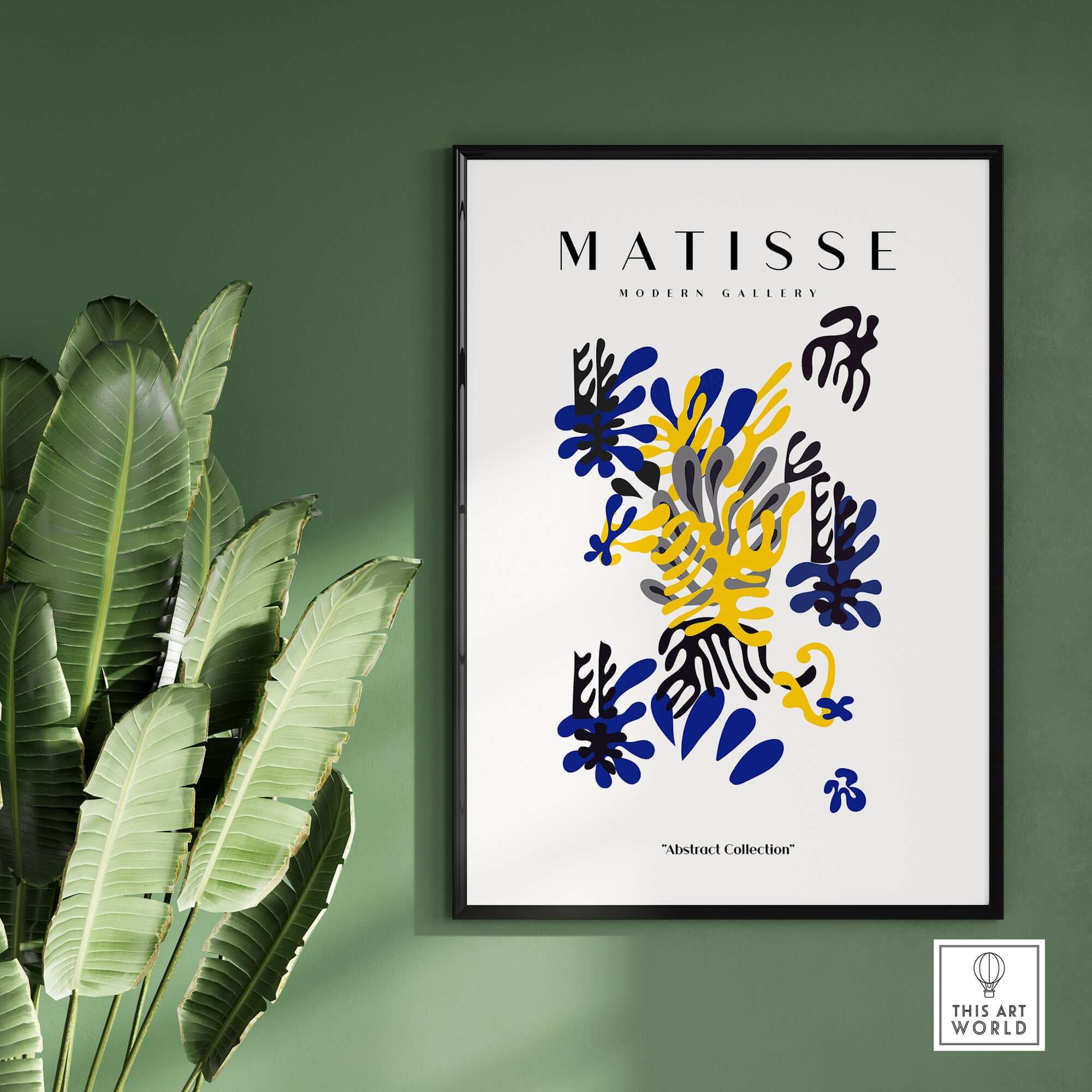 Matisse Art Prints - Abstract Floral Blue Yellow Black Poster featuring bold brushstrokes and floral shapes on white.