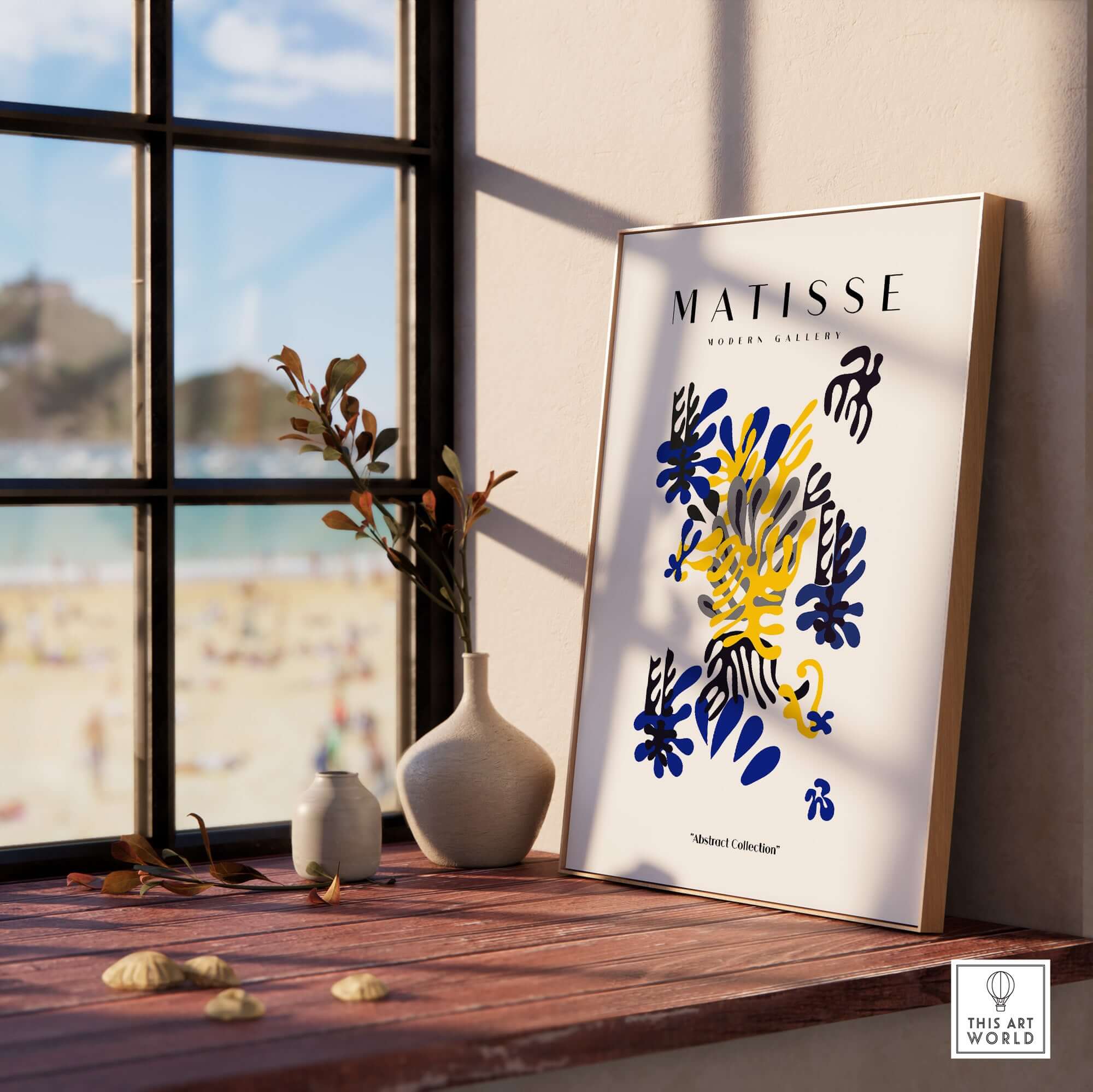 Matisse Art Prints - Abstract Floral Blue Yellow Black Poster displayed by a window with beach view, modern decor.