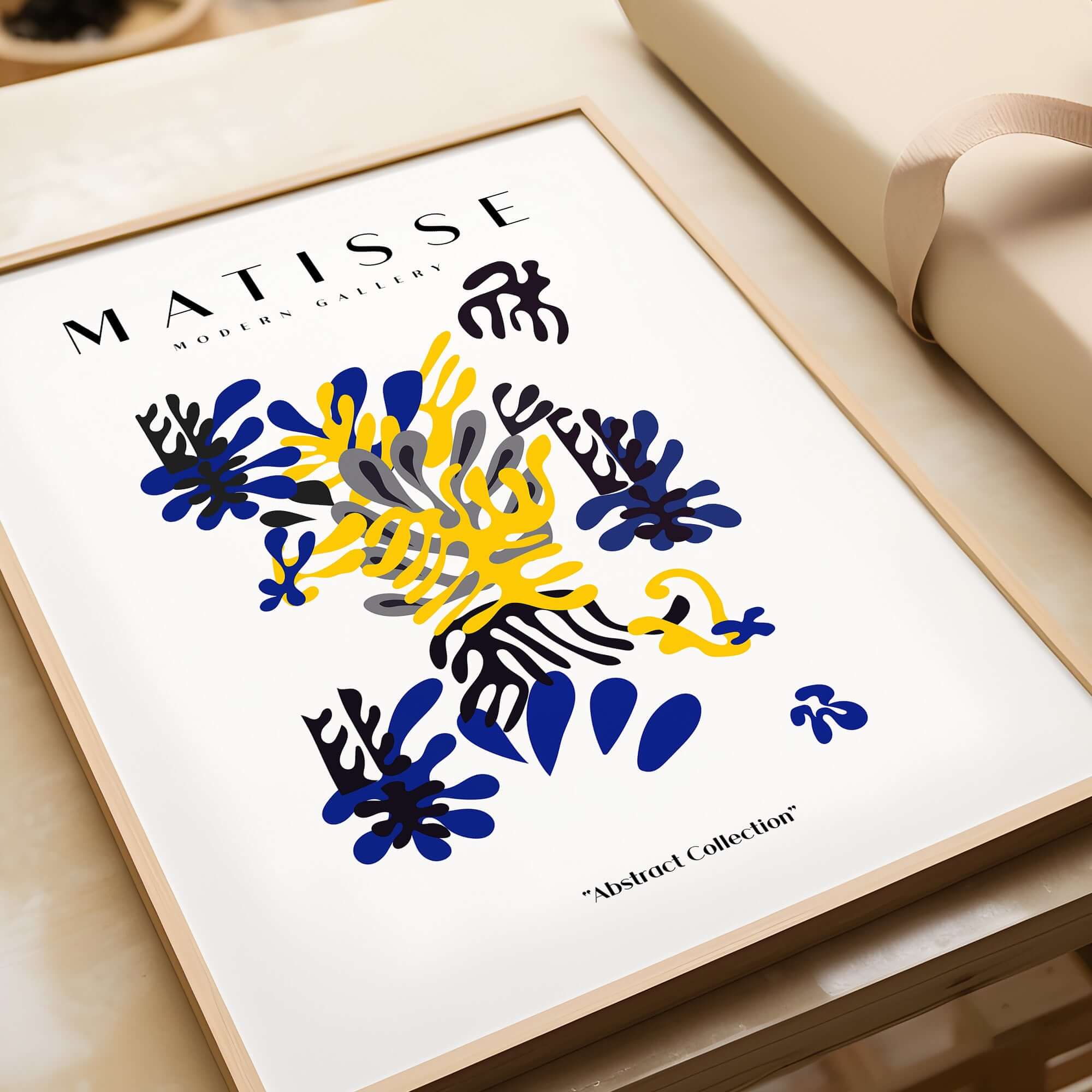 Matisse Art Prints - Abstract Floral Blue Yellow Black Poster showcasing dynamic floral shapes in bold blue, yellow, and black.