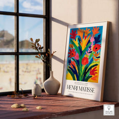 Matisse Art Prints - Abstract Floral Bouquet Print displayed in a bright room with seaside view, featuring vibrant flowers.