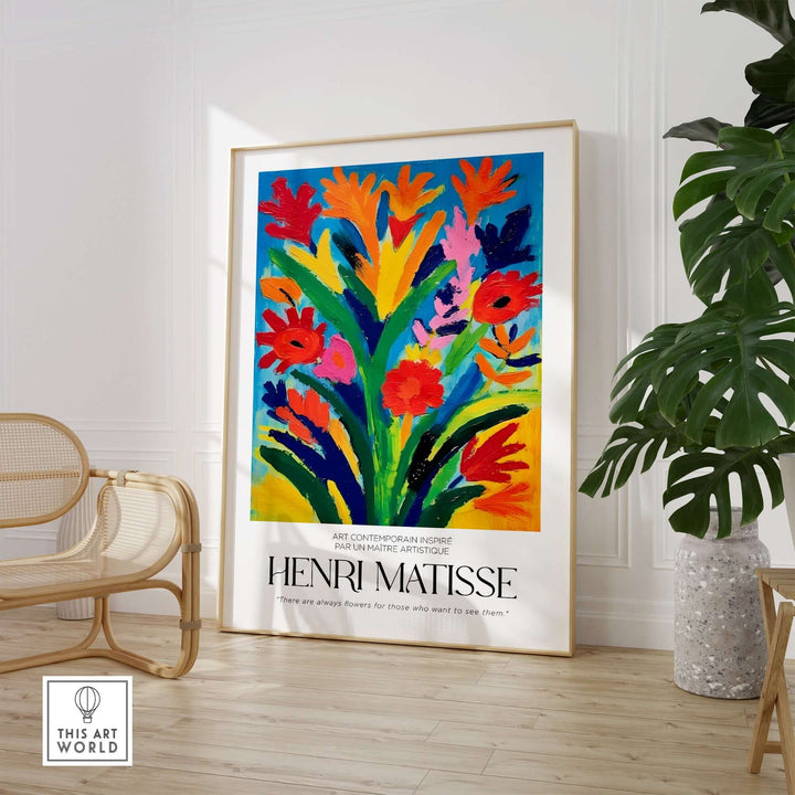 Vibrant Matisse abstract floral print in a modern interior setting with tropical plants and stylish decor.