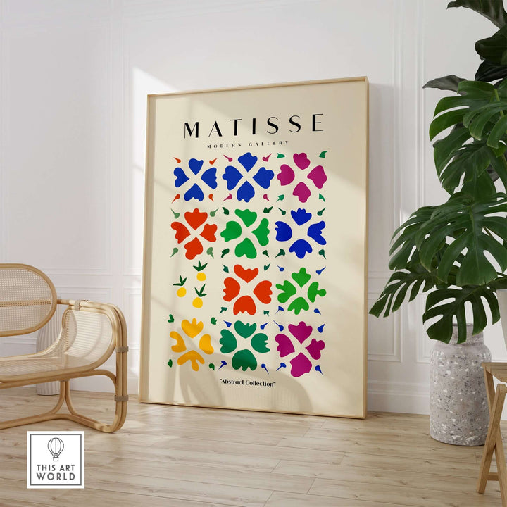 Matisse Art Print featuring colorful abstract floral grid on beige background in modern decor setting.