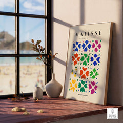 Matisse Art Prints - Abstract Floral Grid Poster displayed in a sunny room with a beach view.