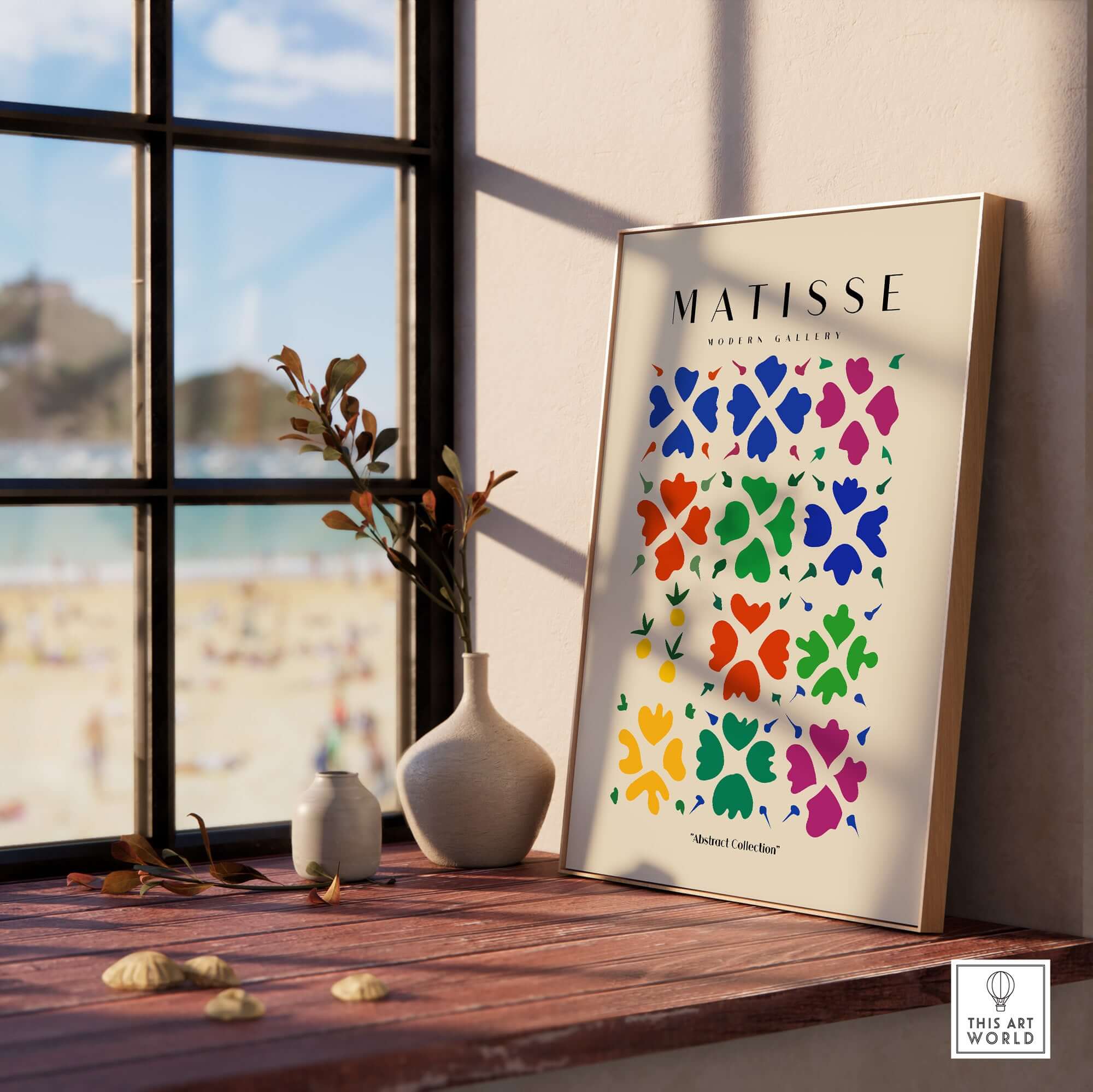 Matisse Art Prints - Abstract Floral Grid Poster displayed in a sunny room with a beach view.