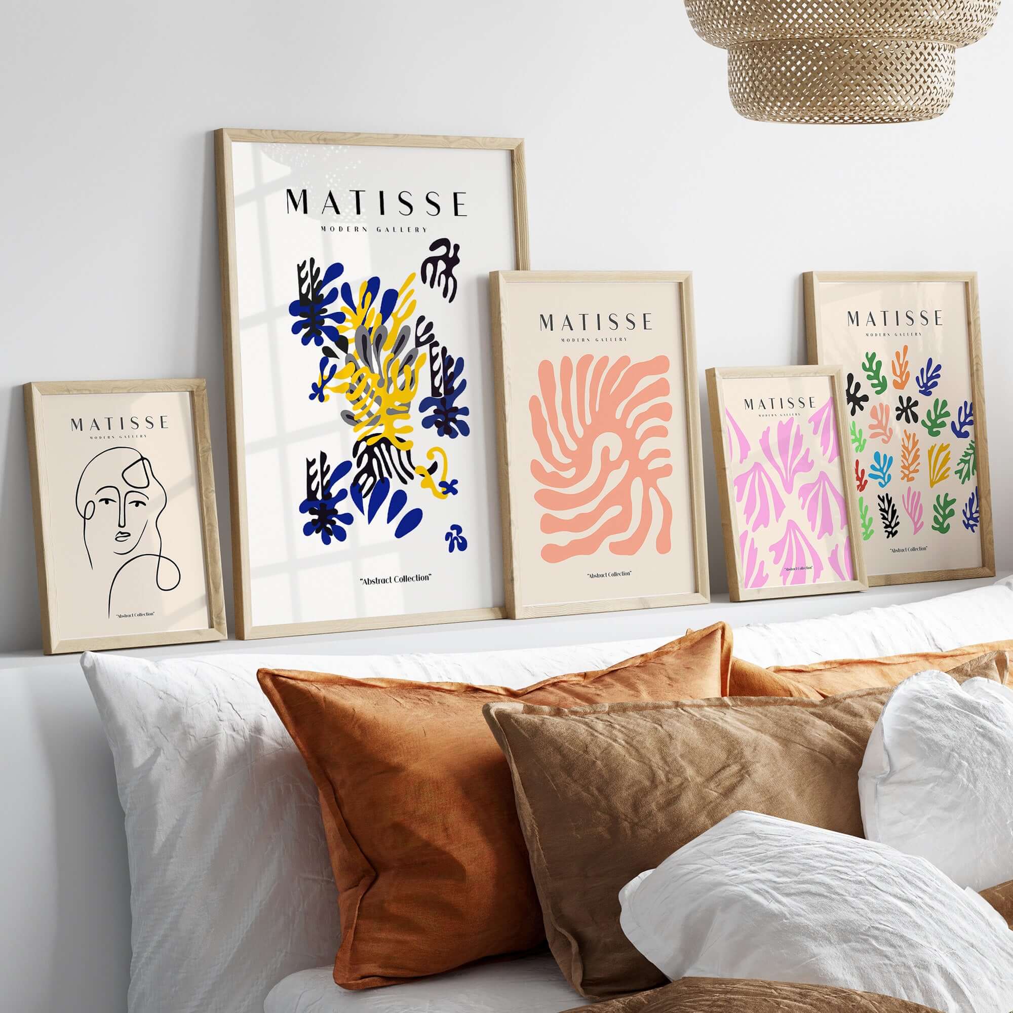 Matisse Art Prints -  Abstract Floral Blue Yellow Black Poster displayed on a modern wall with decorative pillows.