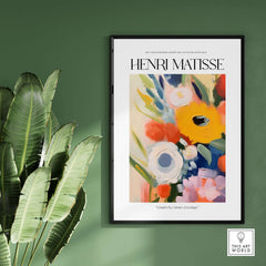 Matisse Art Prints - Abstract Flowers Poster featuring vibrant flowers and bold colors on a green wall.