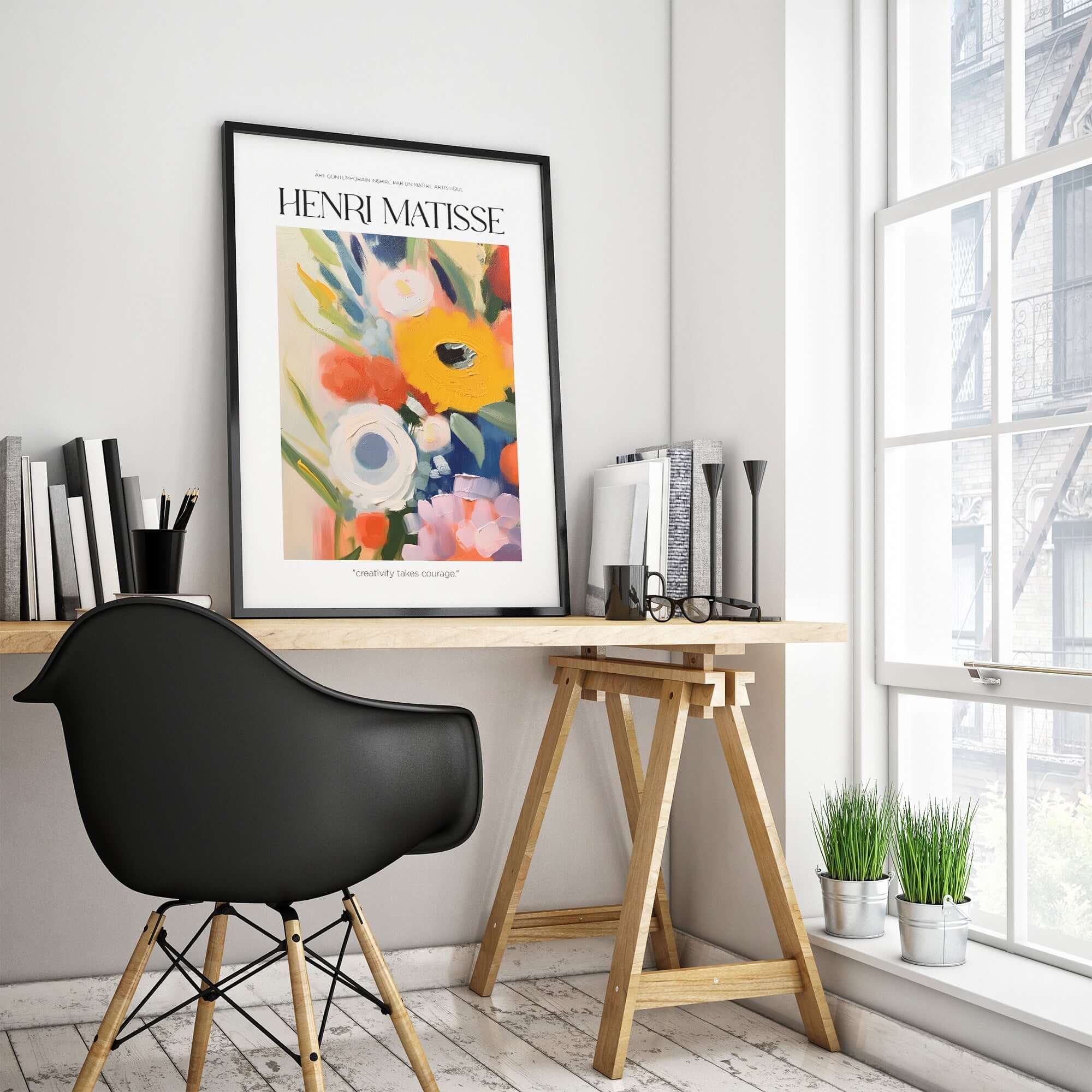 Matisse Art Prints - Abstract Flowers Poster displayed in a modern workspace with a black chair and plants.