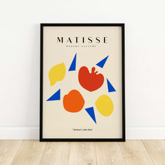Matisse Art Prints - Abstract Fruit Shapes Blue Triangles Poster featuring colorful shapes against a beige background.