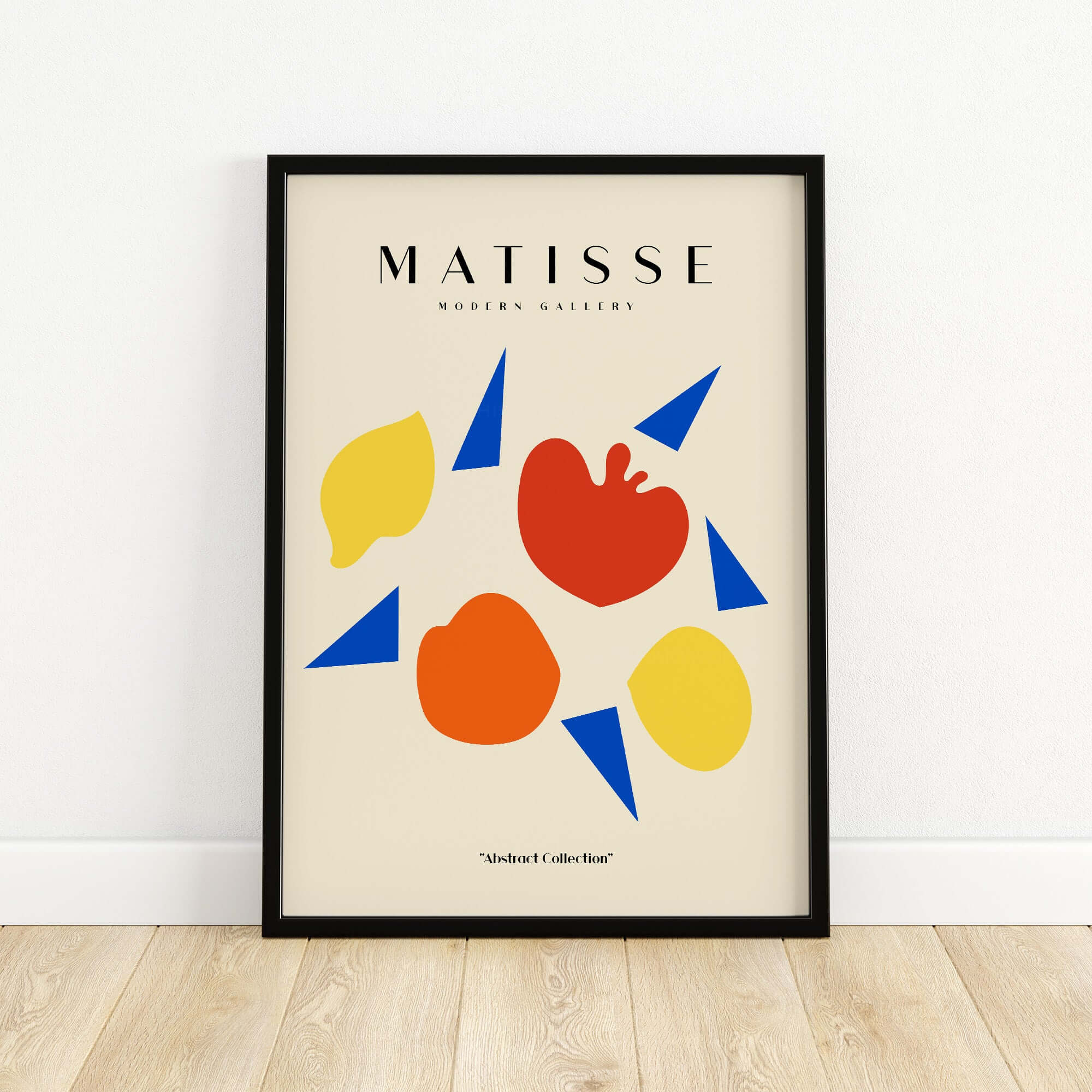 Matisse Art Prints - Abstract Fruit Shapes Blue Triangles Poster featuring colorful shapes against a beige background.