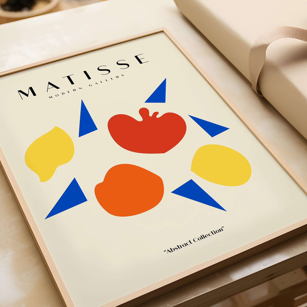 Matisse Art Prints - Abstract Fruit Shapes Blue Triangles Poster featuring colorful fruit shapes and blue triangles.