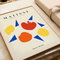 Matisse Art Prints - Abstract Fruit Shapes Blue Triangles Poster featuring colorful fruit shapes and blue triangles.