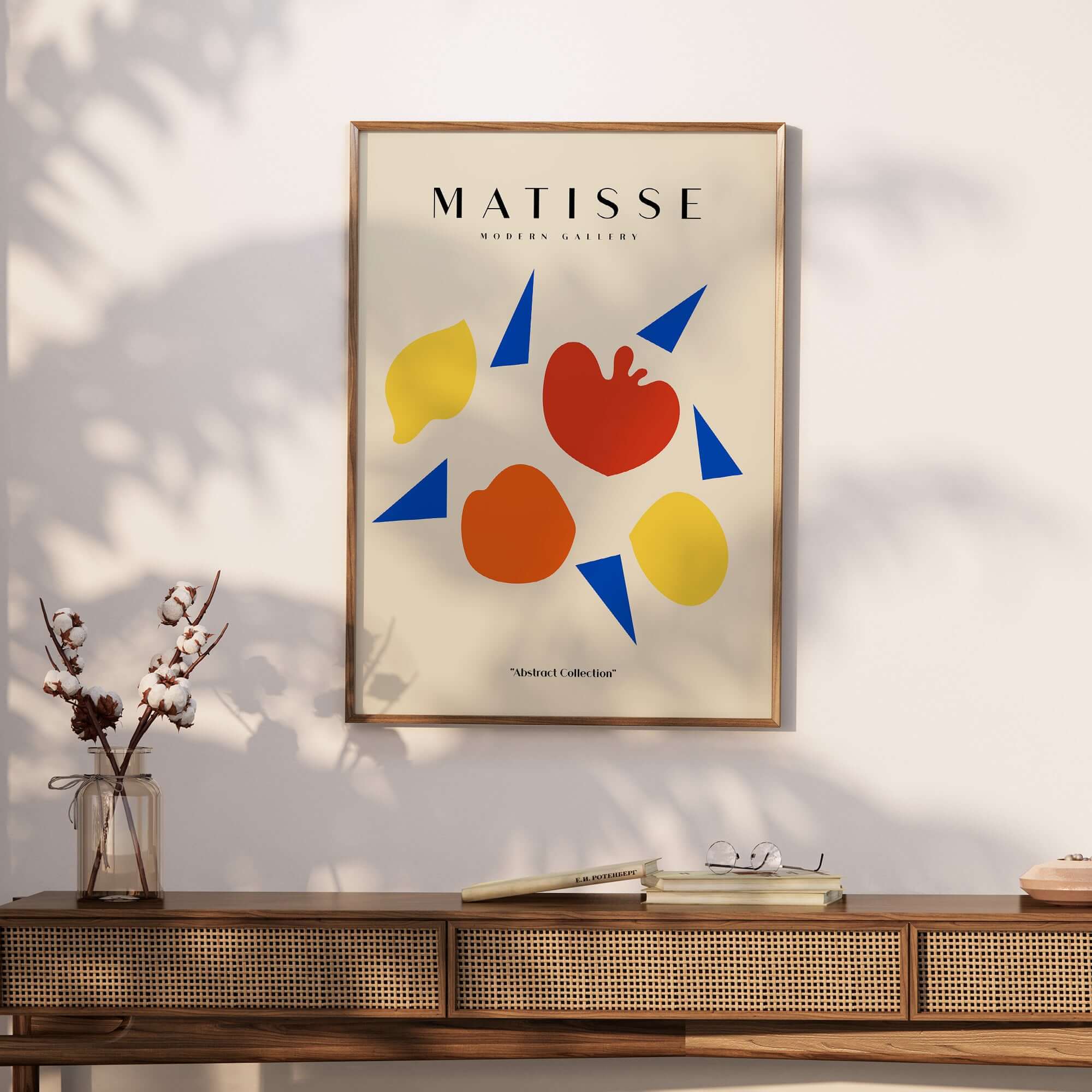 Matisse Art Prints - Abstract Fruit Shapes Blue Triangles Poster featuring colorful fruit shapes and blue triangles.