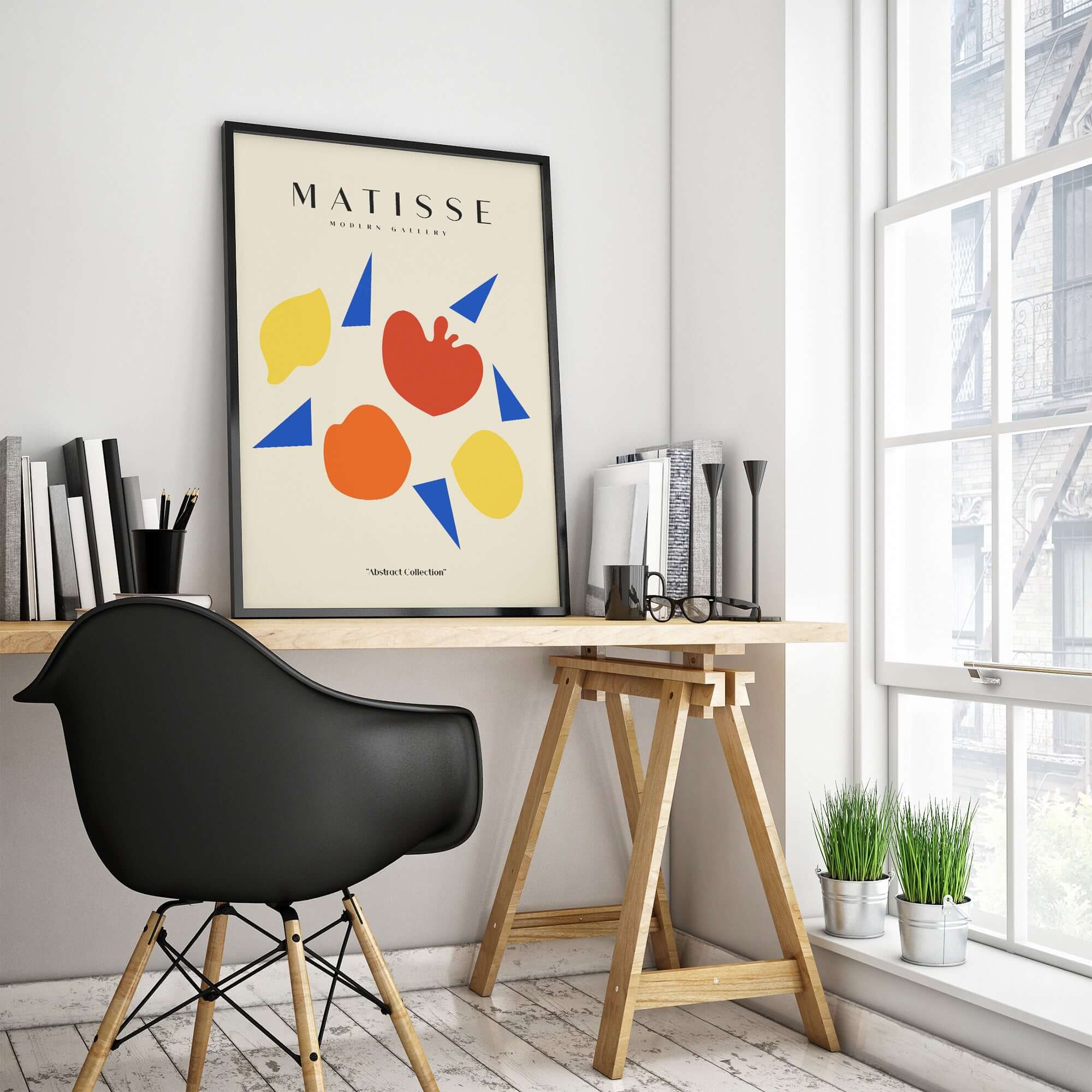 Matisse Art Prints - Abstract Fruit Shapes Blue Triangles Poster displayed in a modern workspace with stylish decor.