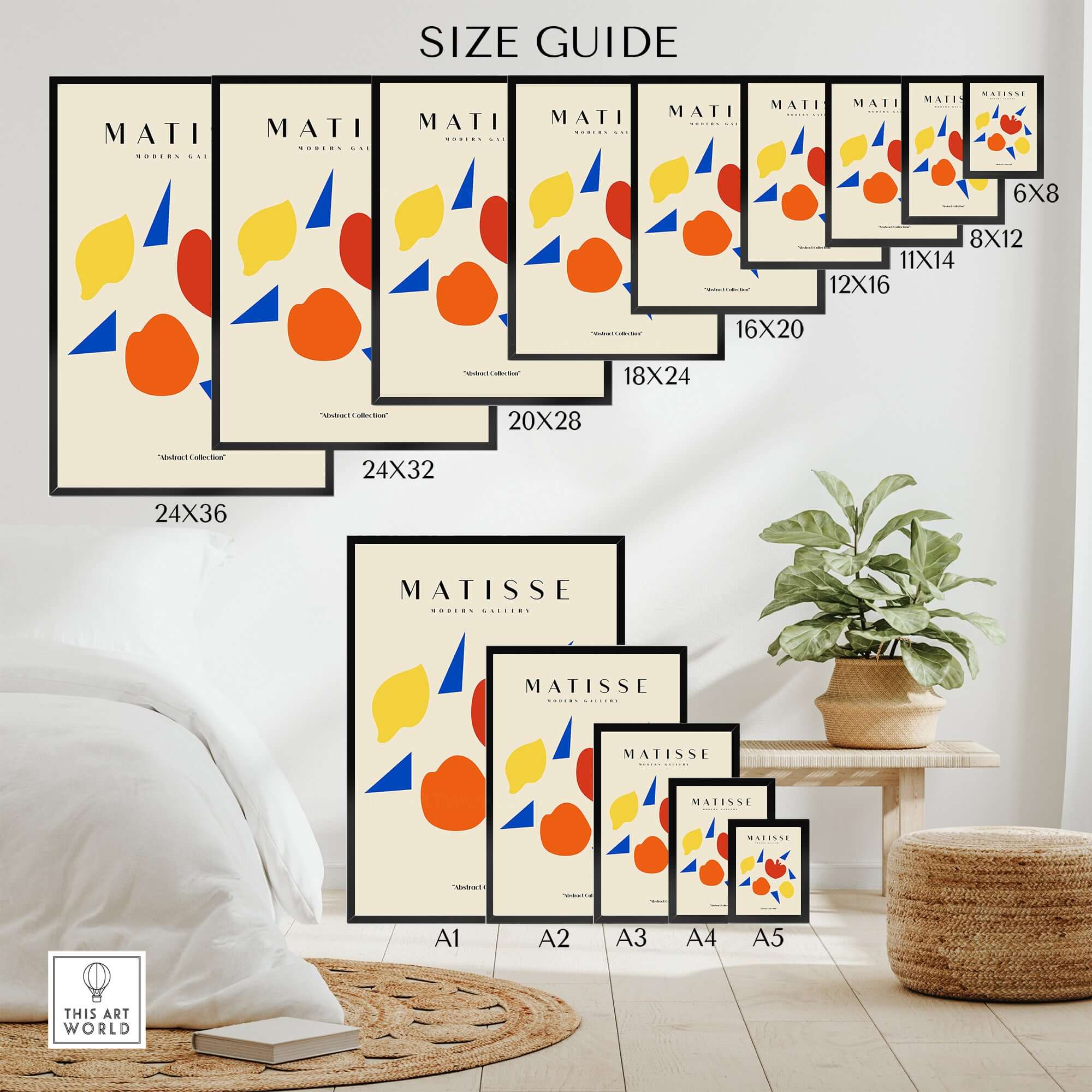 Matisse Art Prints - Abstract Fruit Shapes Blue Triangles Poster size guide showcasing various print sizes on a stylish interior.