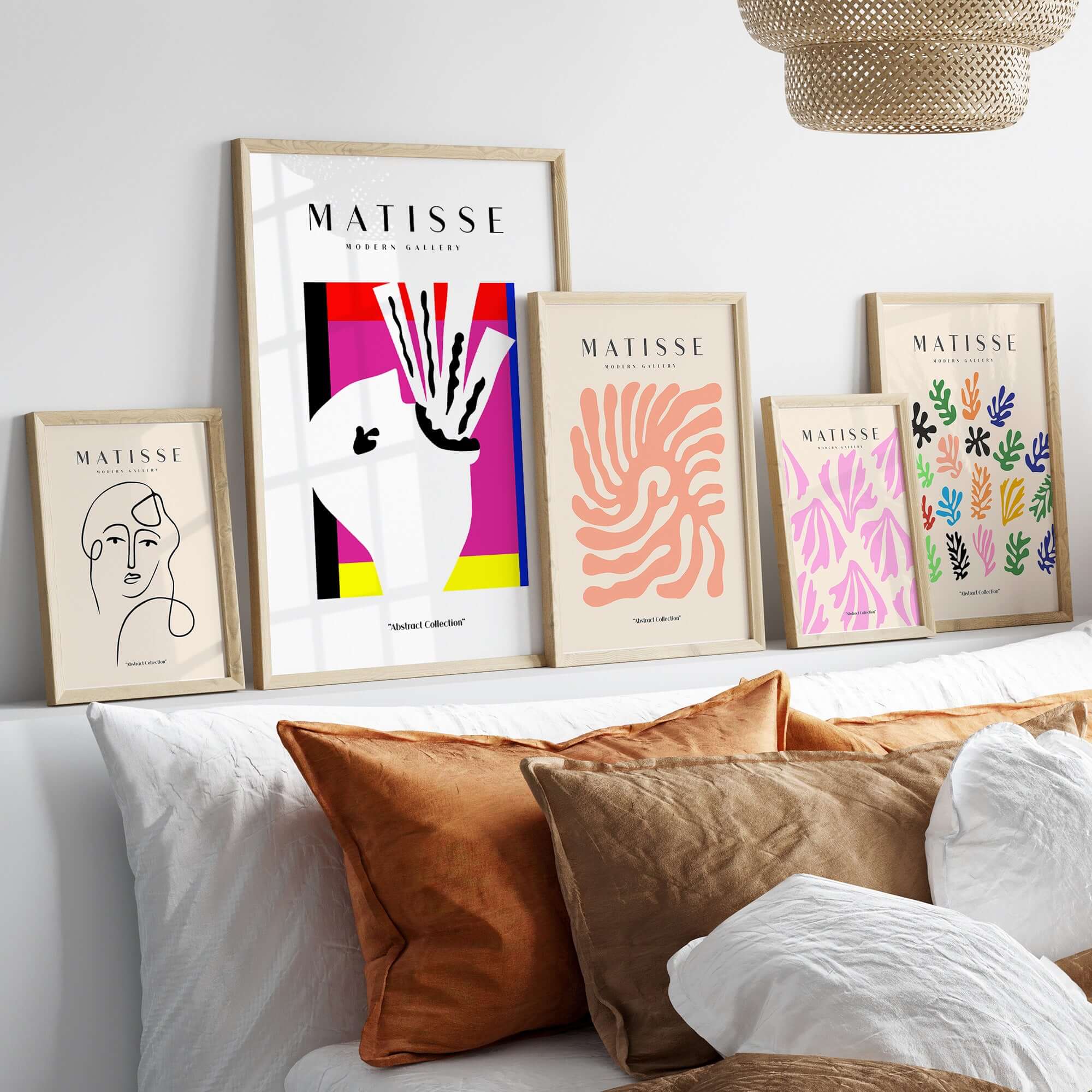 Matisse Art Prints -Abstract Head Jazz Series Colorful Blocks Wall Art displayed in a modern living room decor arrangement.