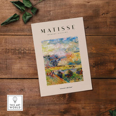 Matisse Art Prints - Abstract Painterly Landscape Bridge Poster displayed on a wooden surface with green leaves.