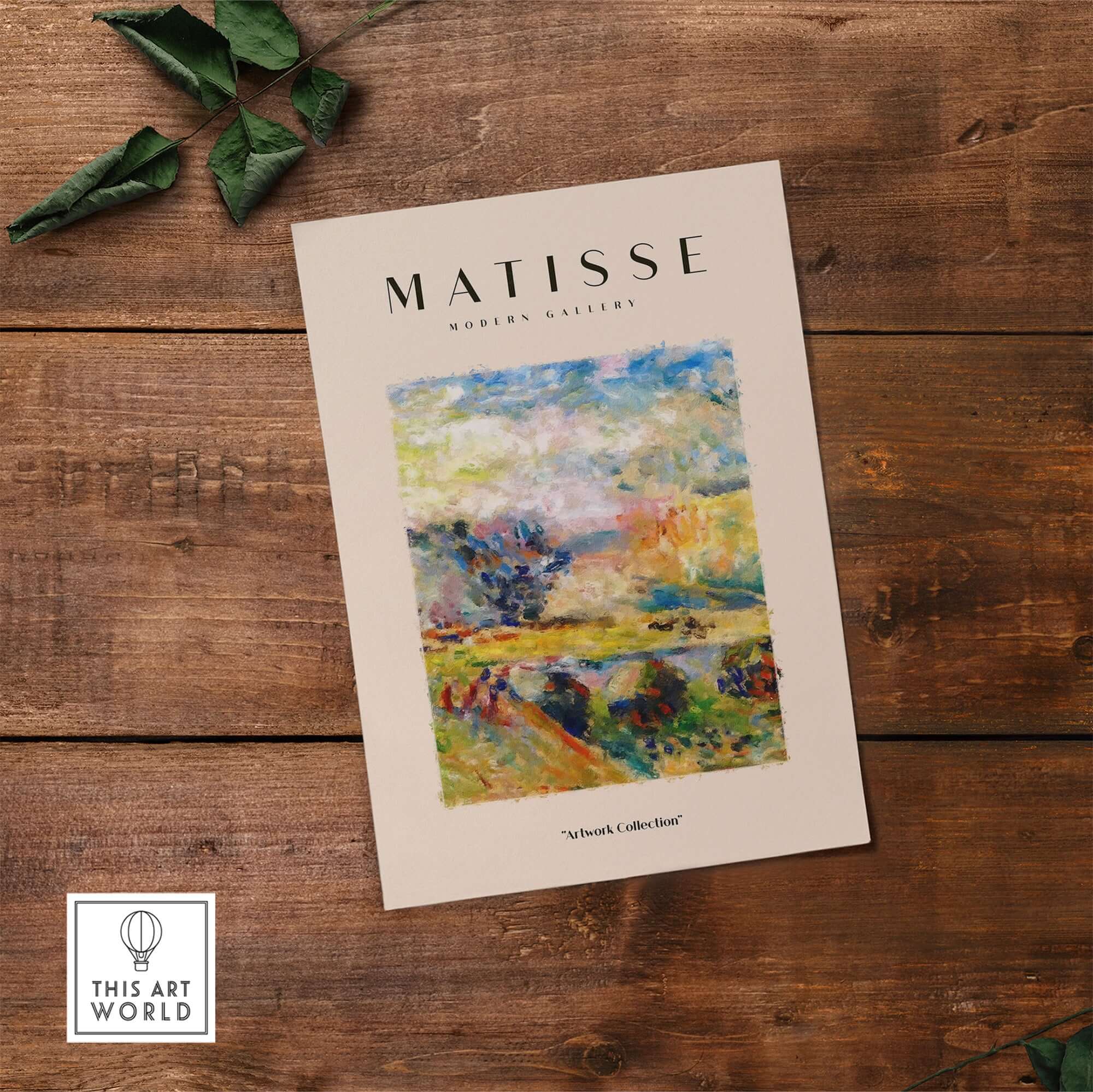 Matisse Art Prints - Abstract Painterly Landscape Bridge Poster displayed on a wooden surface with green leaves.