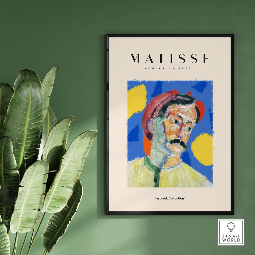 Matisse Art Print featuring an abstract portrait of a man with a mustache in a red hat, vibrant blue background.