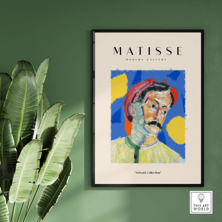 Matisse Art Print featuring an abstract portrait of a man with a mustache in a red hat, vibrant blue background.