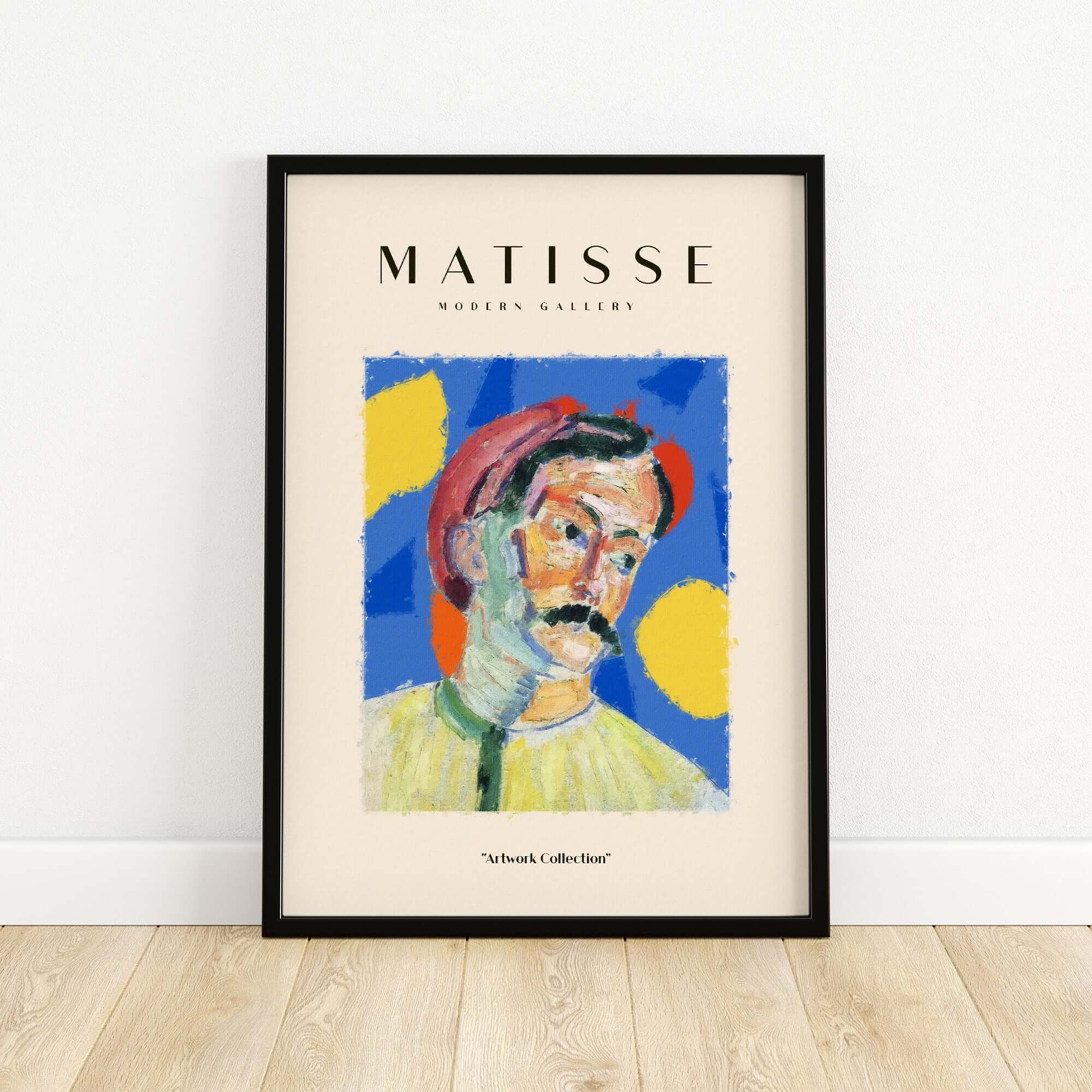 Matisse Art Prints - Abstract Man Portrait Poster features a mustached man in a red hat on a vibrant blue background.
