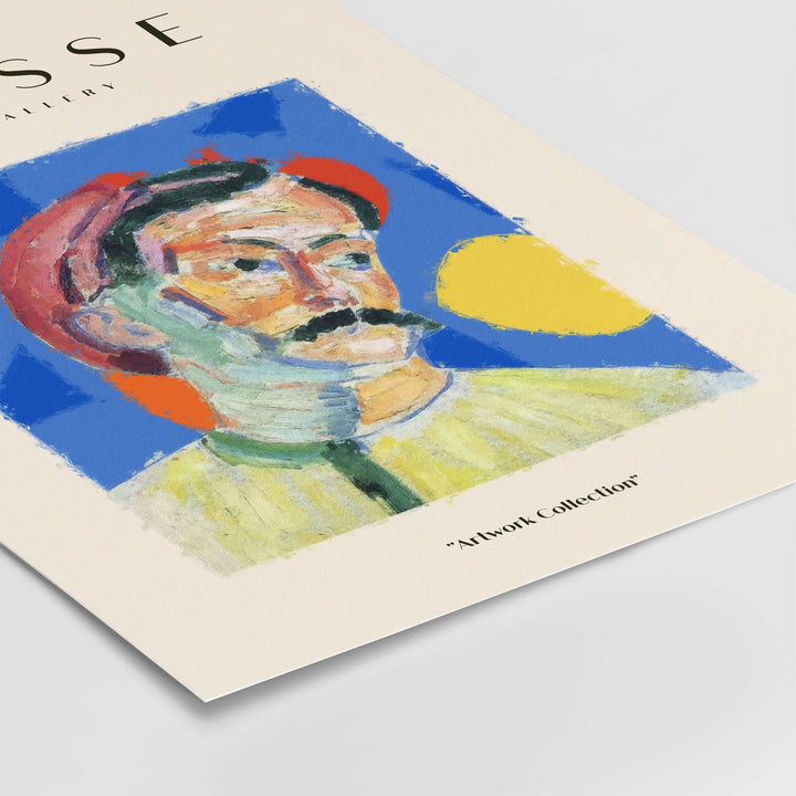 Matisse-inspired abstract portrait of a man with a mustache and red hat on a vibrant blue background.