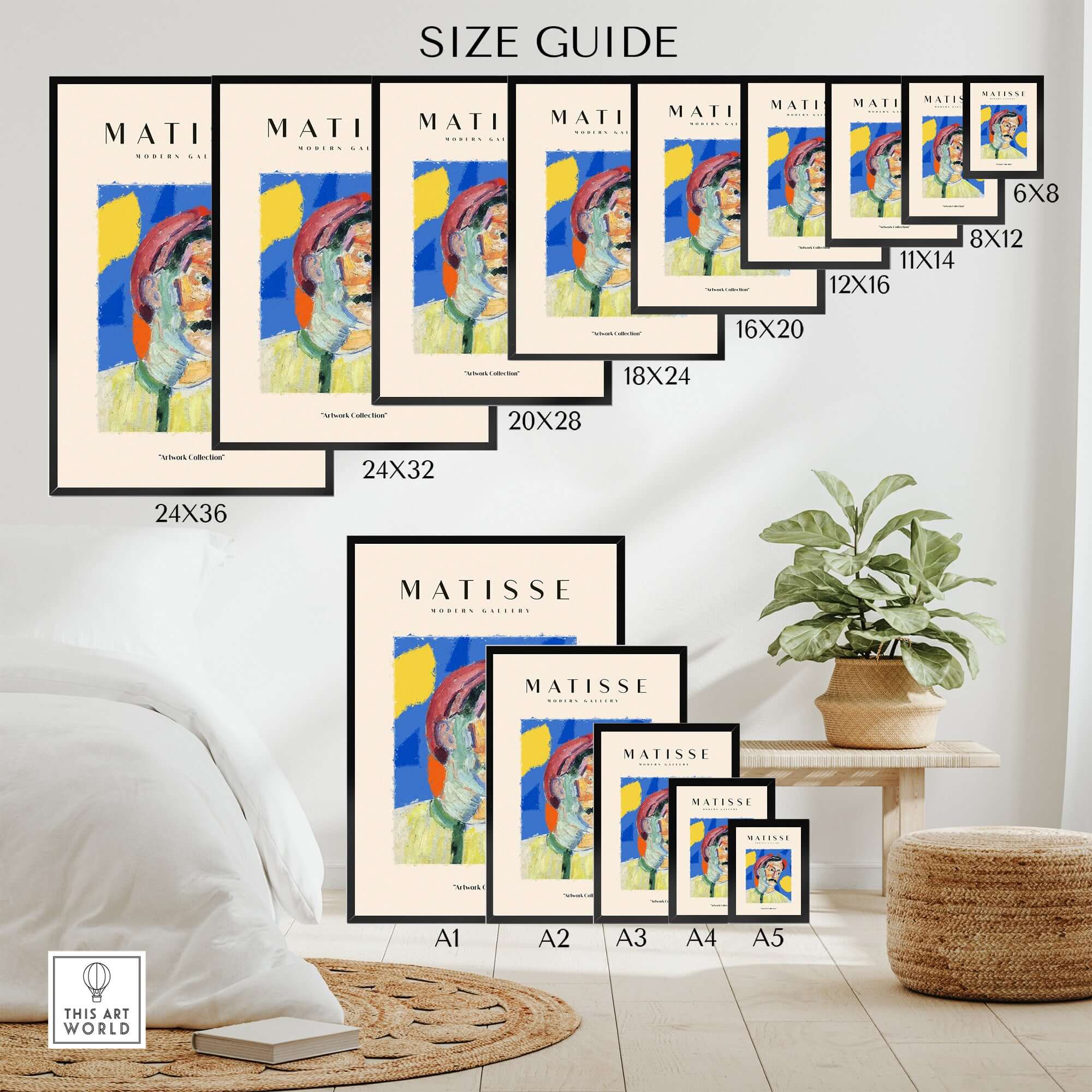 Matisse Art Prints -  Abstract Man Portrait Poster size guide displaying various frame sizes and dimensions.