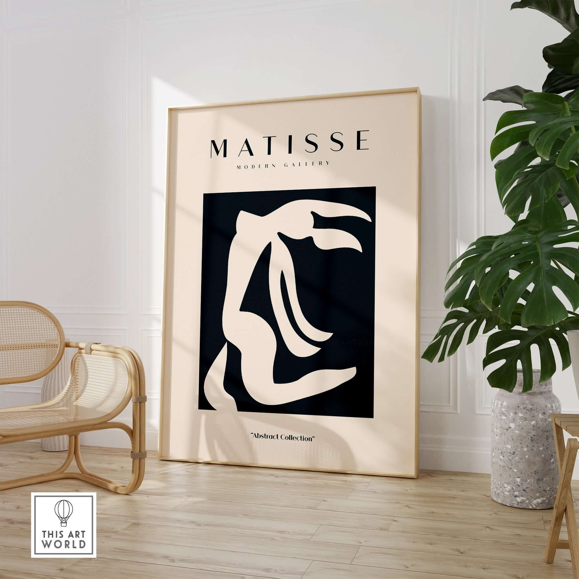 Matisse Art Prints - Abstract Organic Figure Cut Out Print displayed in a modern interior with a beige and black design.