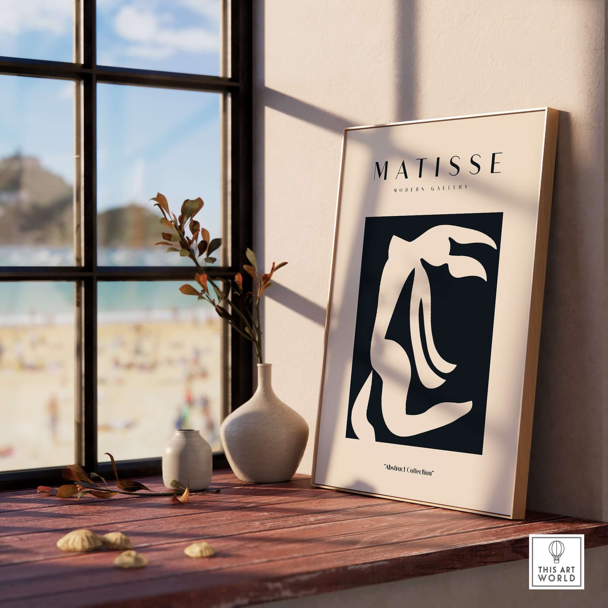 Matisse Art Prints - Abstract Organic Figure Cut Out Print displayed in a modern interior with a beach view.