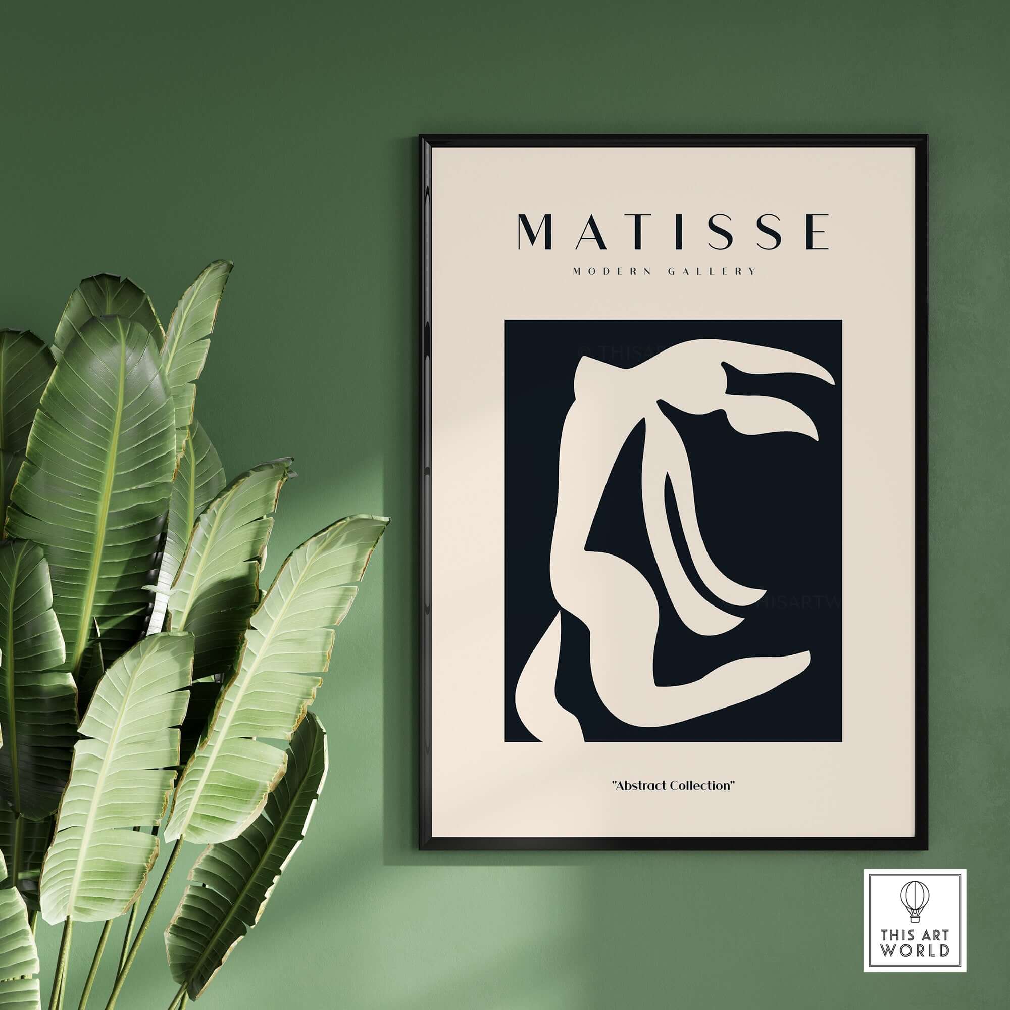 Matisse Art Prints - Abstract Organic Figure Cut Out Print displayed with greenery and a modern frame.
