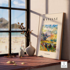 Matisse Art Prints - Abstract Painterly Landscape Bridge Poster displayed in a bright room with beach view.
