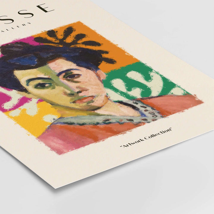 Matisse Art Print featuring an abstract portrait of a woman with colorful leaf designs in the background, vibrant decor piece.