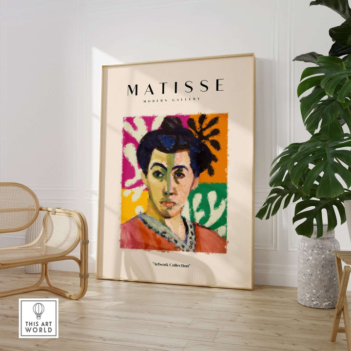 Matisse art print featuring an abstract portrait of a woman with a colorful background in a modern gallery setting.